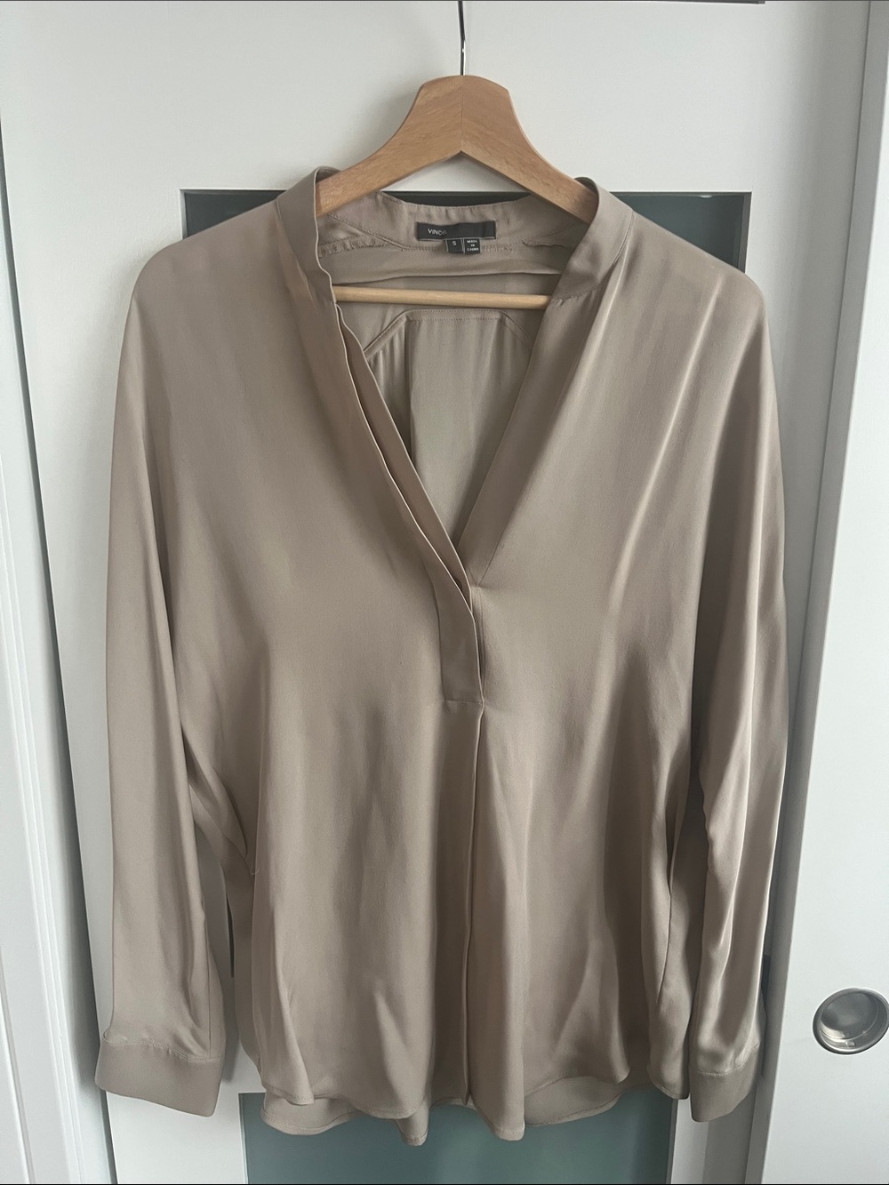 Vince Taupe V-Neck Long Sleeve Blouse. 100 % Silk.